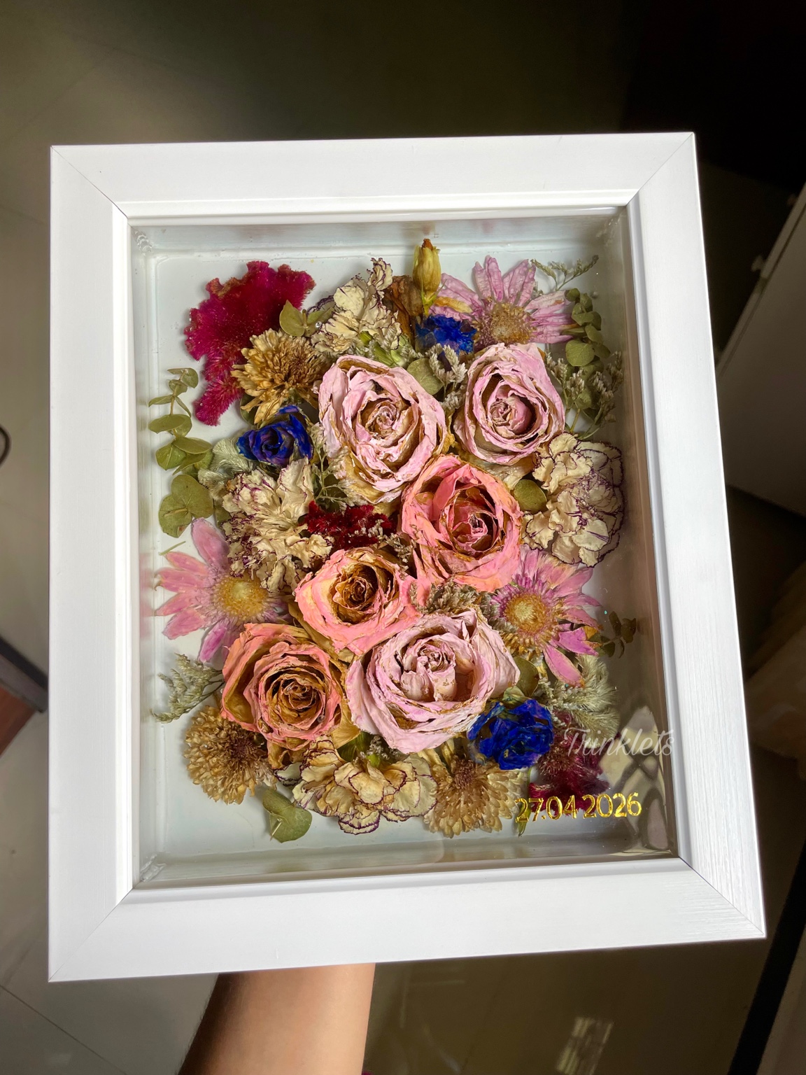 Framed preserved flowers in resin